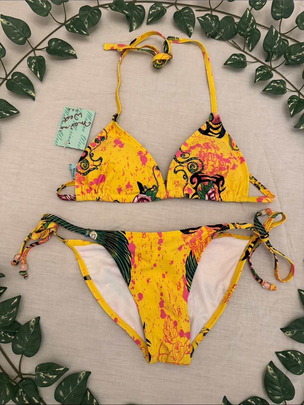 MARINA Yellow Floral & Abstract Print Triangle Bikini
